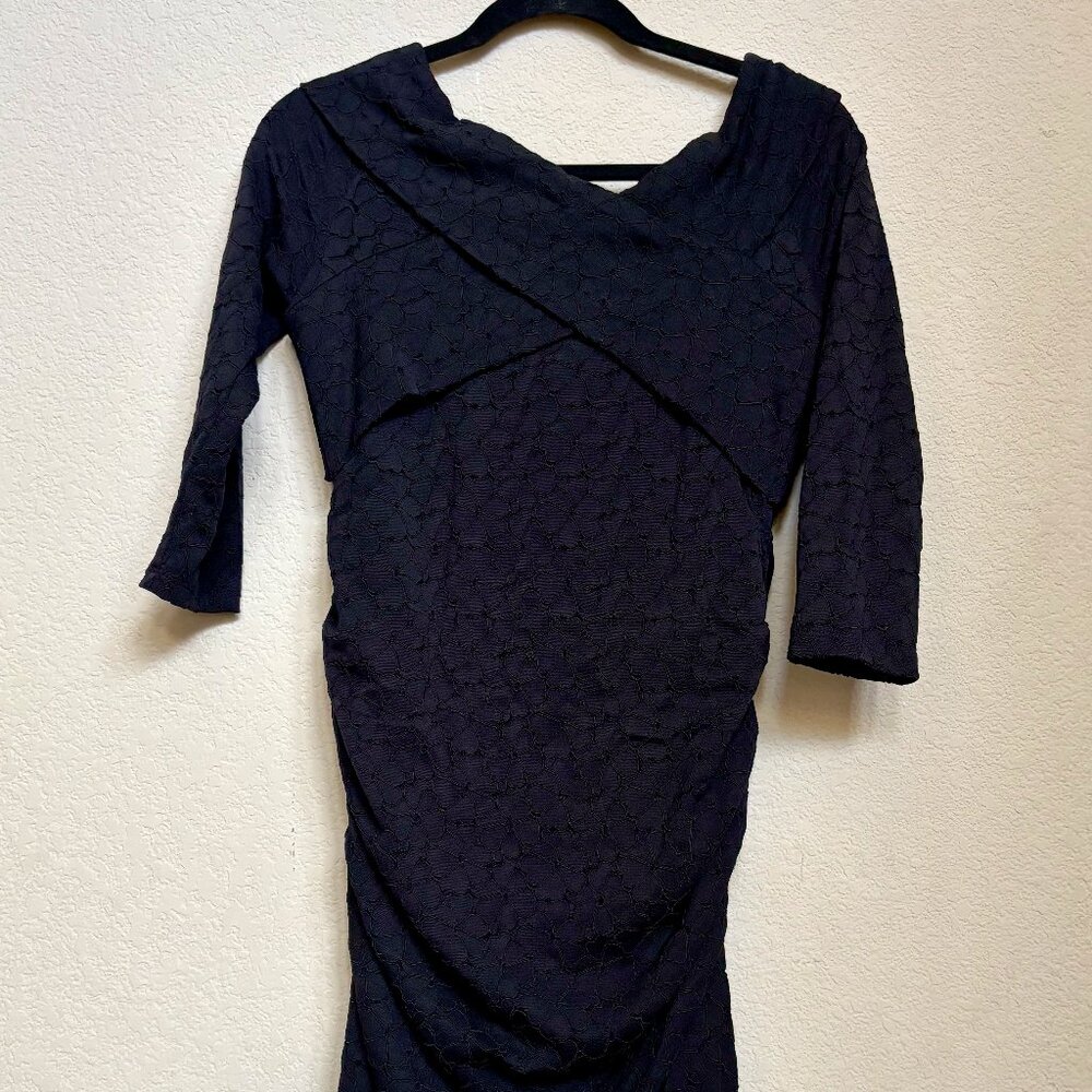 A Pea in the Pod Black Lace/Textured Maternity Dress - Cowl Neck Ruched - Size M
